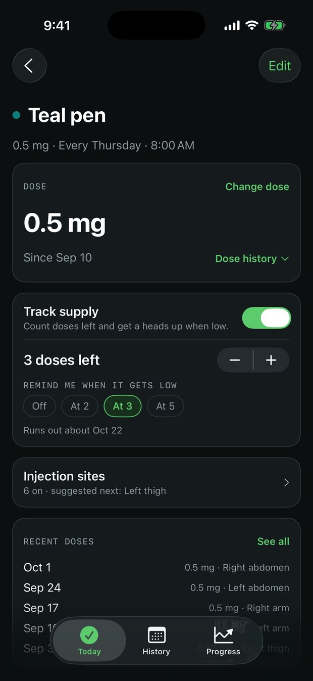 Medicine page with supply countdown and recent doses