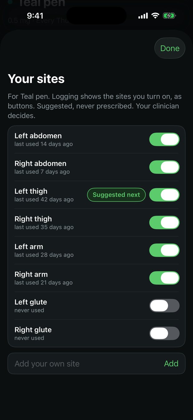 Injection site list with last used and a suggested next