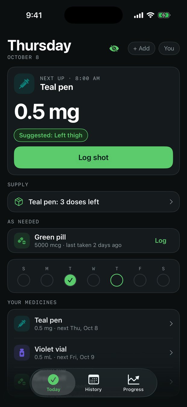 Today screen with the next dose and a Log shot button